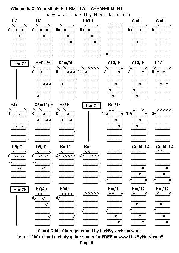 Chord Grids Chart of chord melody fingerstyle guitar song-Windmills Of Your Mind- INTERMEDIATE ARRANGEMENT,generated by LickByNeck software.